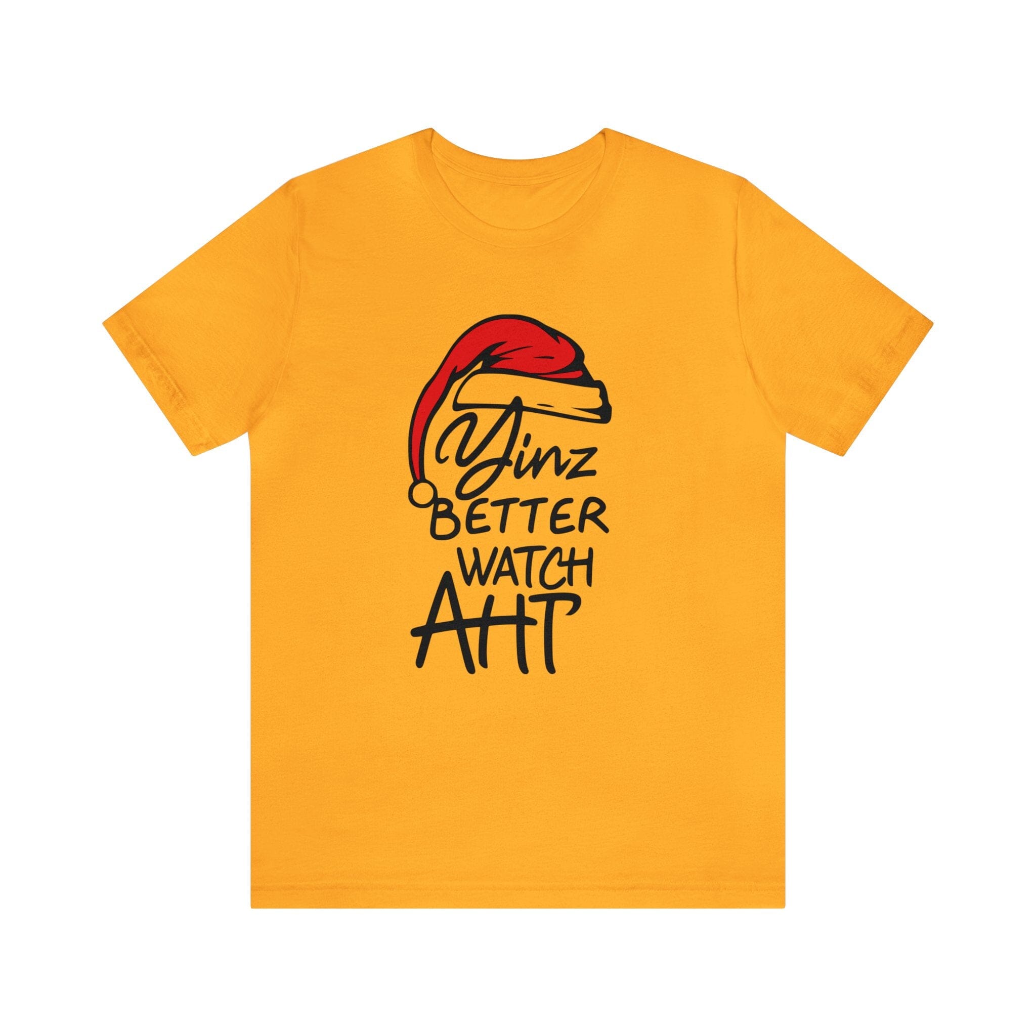 Yinz Better Watch Aht Christmas T-Shirt Pittsburgh tee on gold tee | Yinzergear