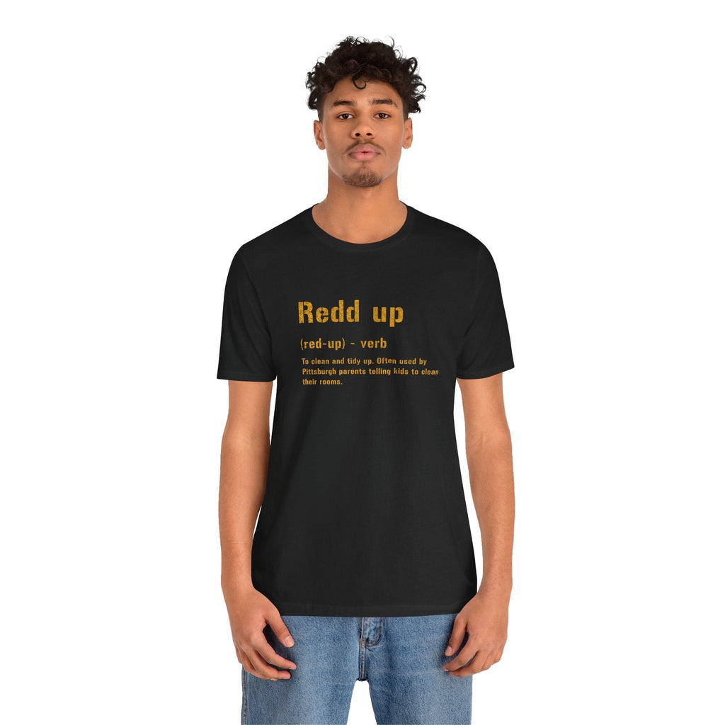 Redd Up Pittsburghese definition tee on red tee alternate view 3 | Yinzergear