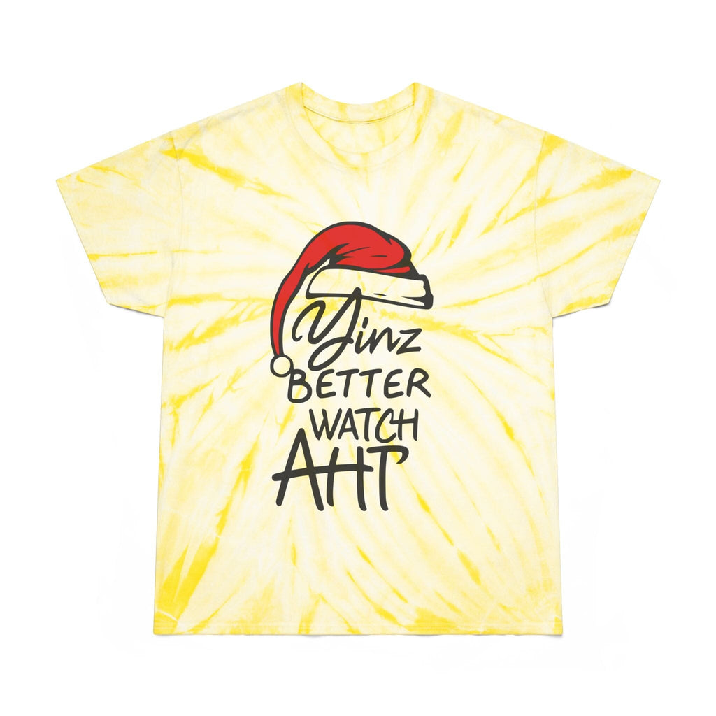 Yinz Better Watch Aht Tie-Dye Christmas T-Shirt Pittsburgh tee on yellow tee | Yinzergear