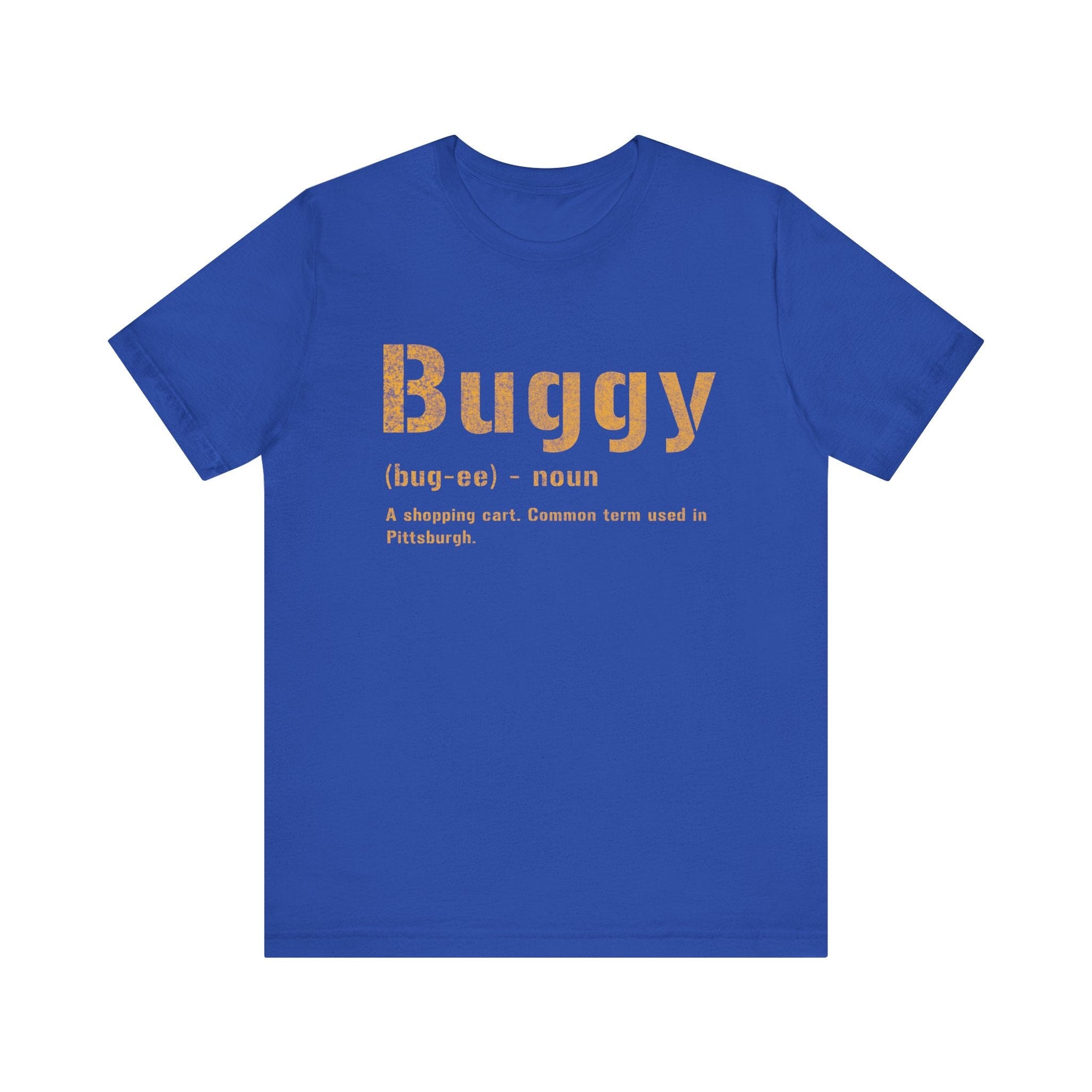 Buggy Pittsburghese definition tee on royal blue tee | Yinzergear