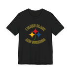 I Bleed Black and Gold Pittsburgh Irish T-Shirt Steelers football tee on black tee alternate view 4 | Yinzergear