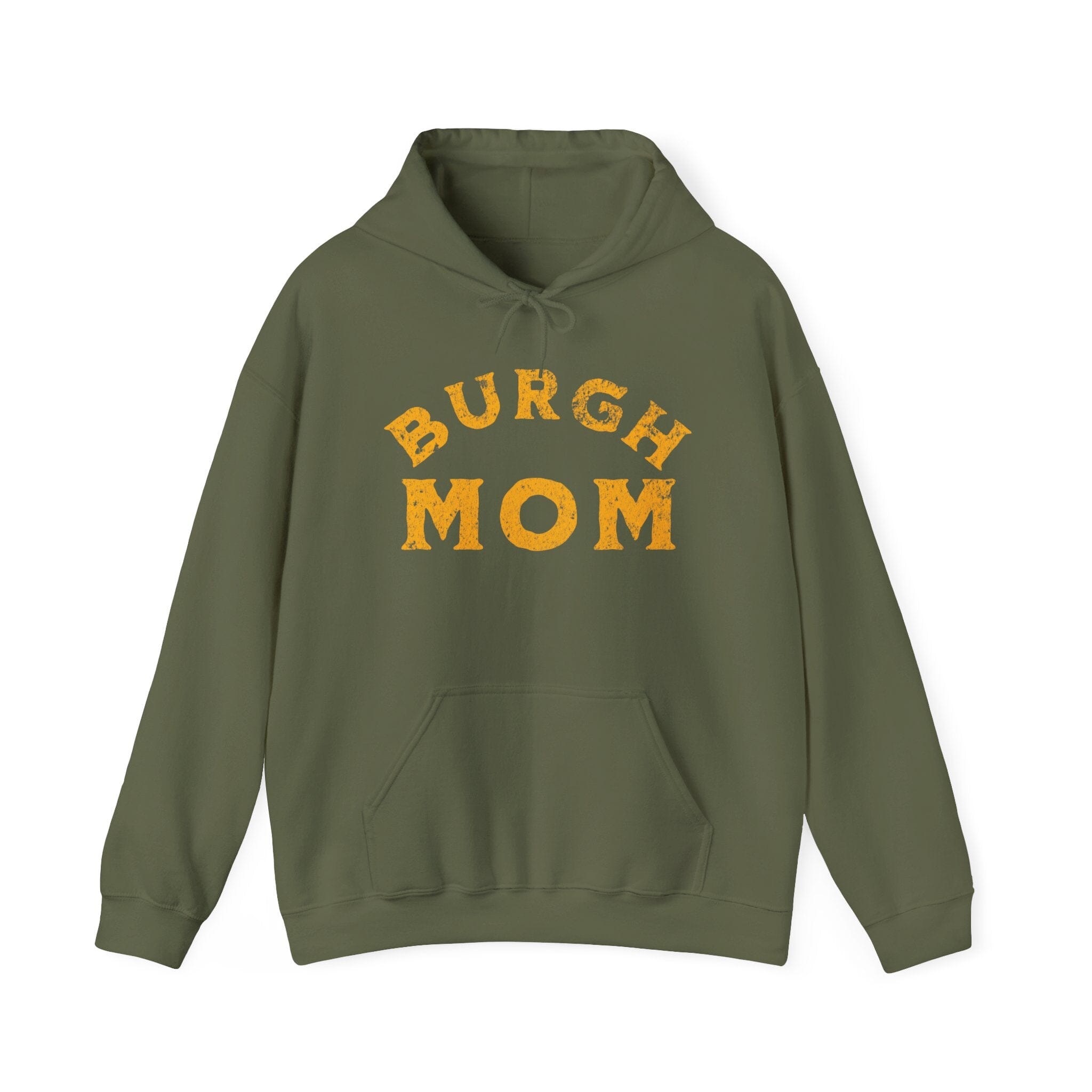 Burgh Mom Hoodie on military green hoodie | Yinzergear