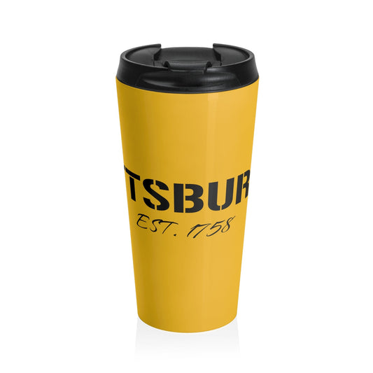 Gold stainless steel travel mug with black lid and “Pittsburgh Est. 1758” text – 15oz Yinzer coffee tumbler