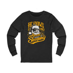 He Knows If Yinz Been Sleeping Christmas Long Sleeve Shirt Pittsburgh long sleeve shirt on grey long sleeve shirt | Yinzergear