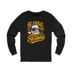 He Knows If Yinz Been Sleeping Christmas Long Sleeve Shirt Pittsburgh long sleeve shirt on black long sleeve shirt | Yinzergear