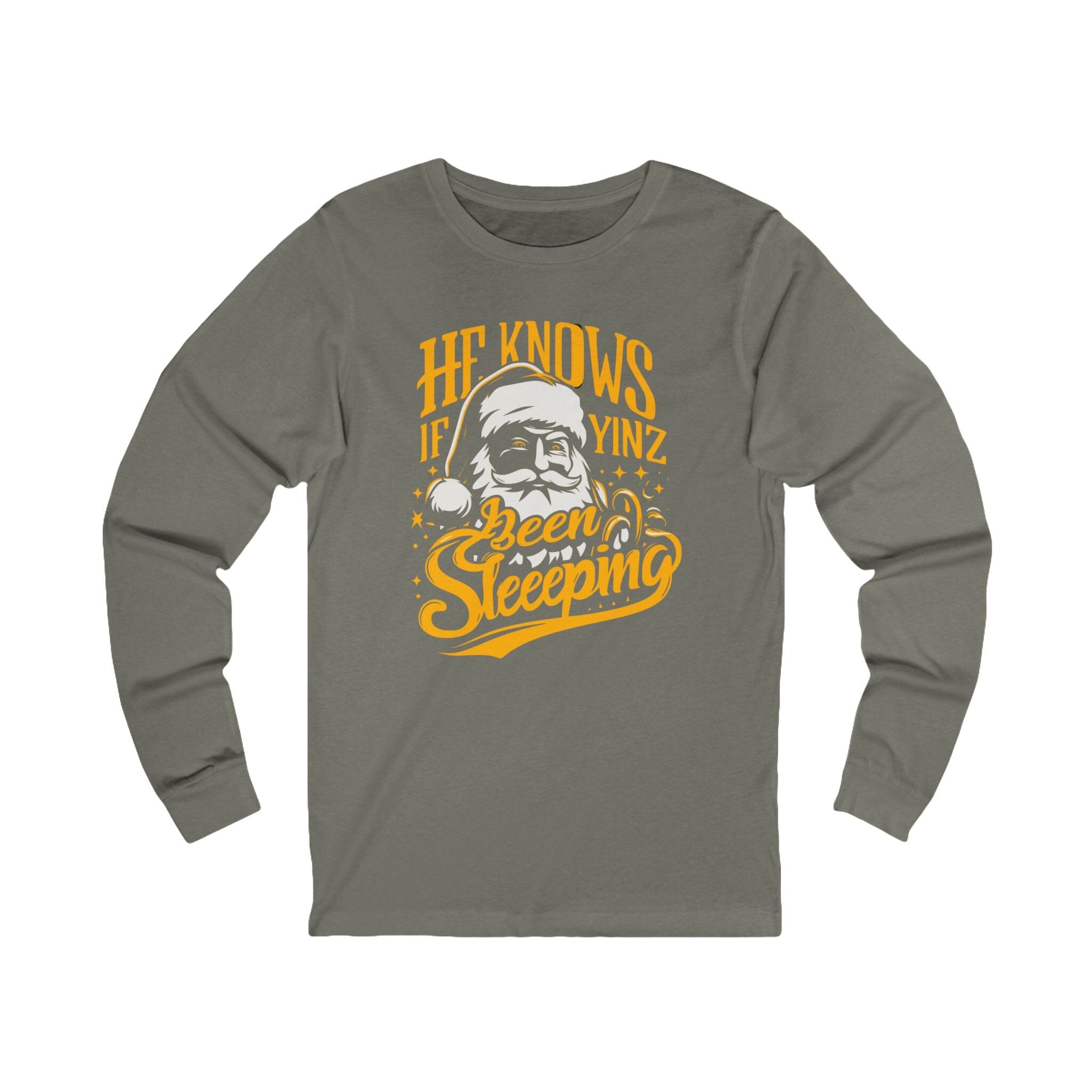 He Knows If Yinz Been Sleeping Christmas Long Sleeve Shirt Pittsburgh long sleeve shirt on grey long sleeve shirt mockup view | Yinzergear