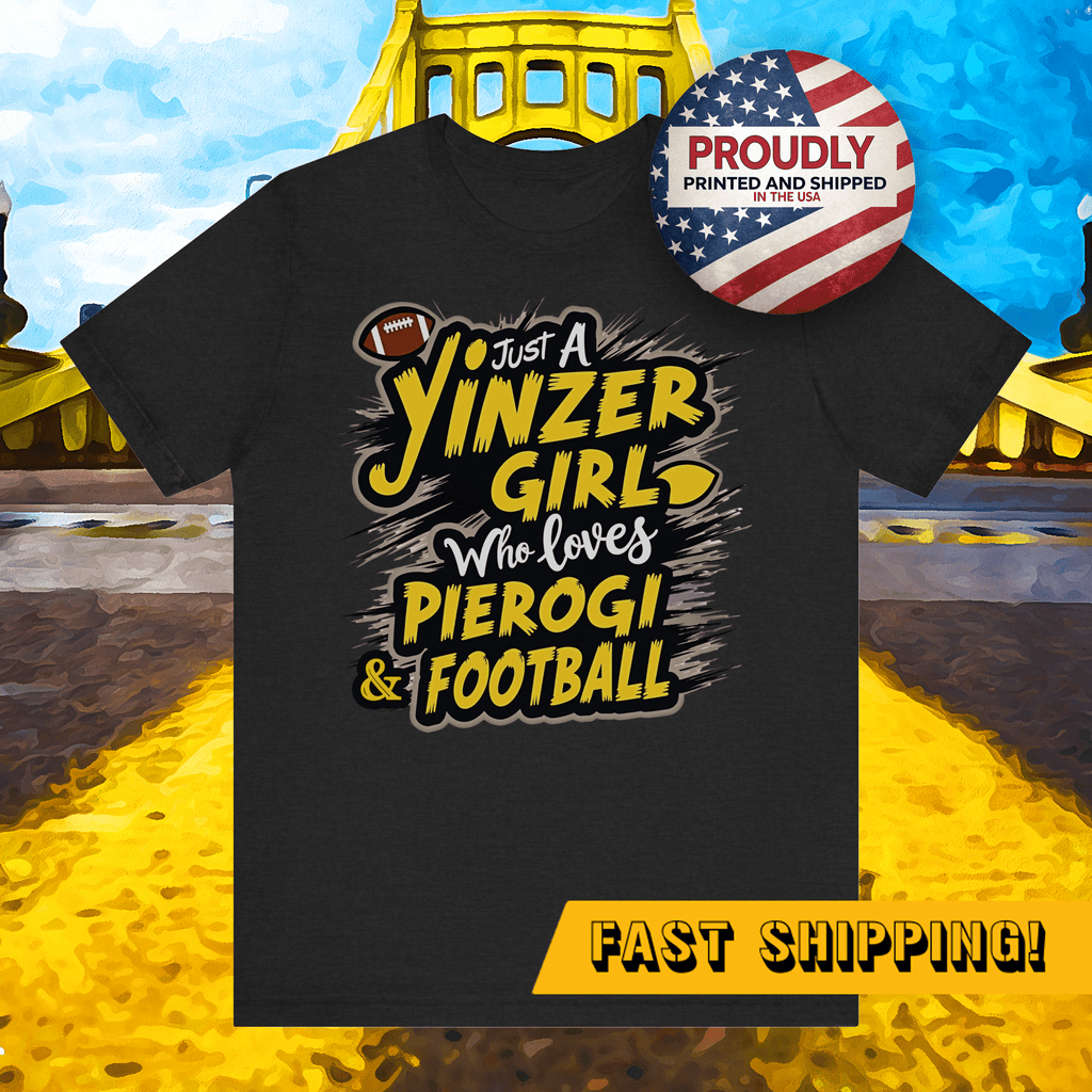 Yinzer Girl Pierogi Football T-Shirt Steelers football tee on black tee mockup view | Yinzergear