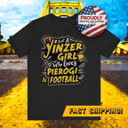 Yinzer Girl Pierogi Football T-Shirt Steelers football tee on black tee mockup view | Yinzergear