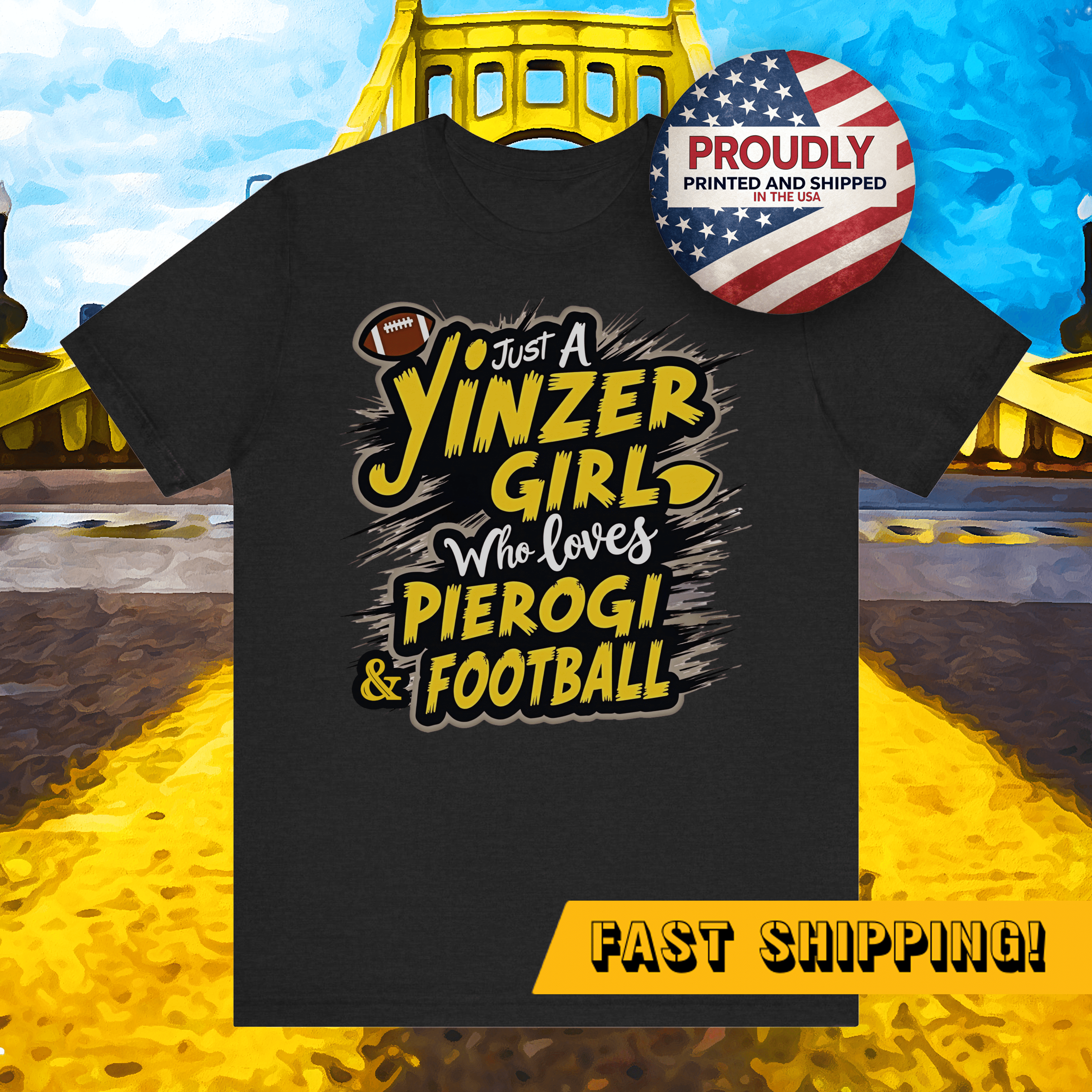 Yinzer Girl Pierogi Football T-Shirt Steelers football tee on black tee mockup view | Yinzergear