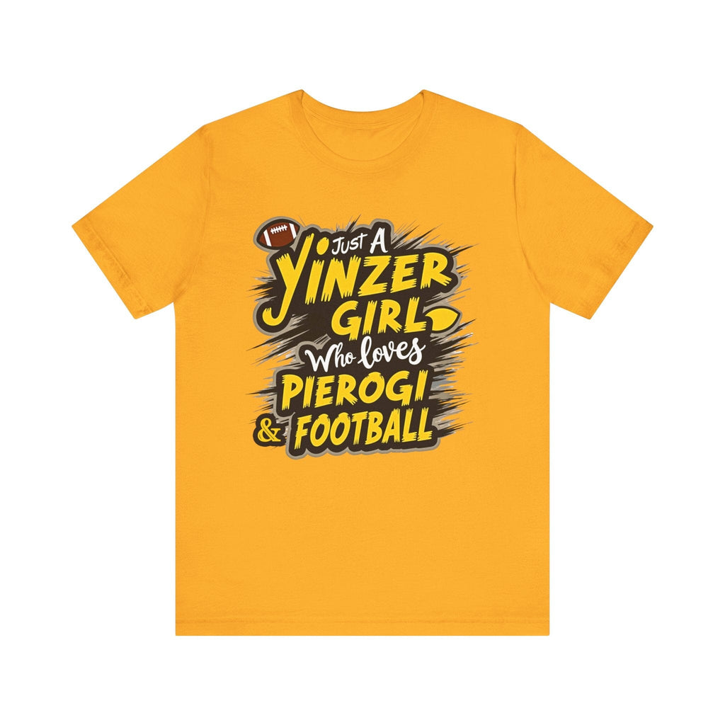 Yinzer Girl Pierogi Football T-Shirt Steelers football tee on gold tee | Yinzergear