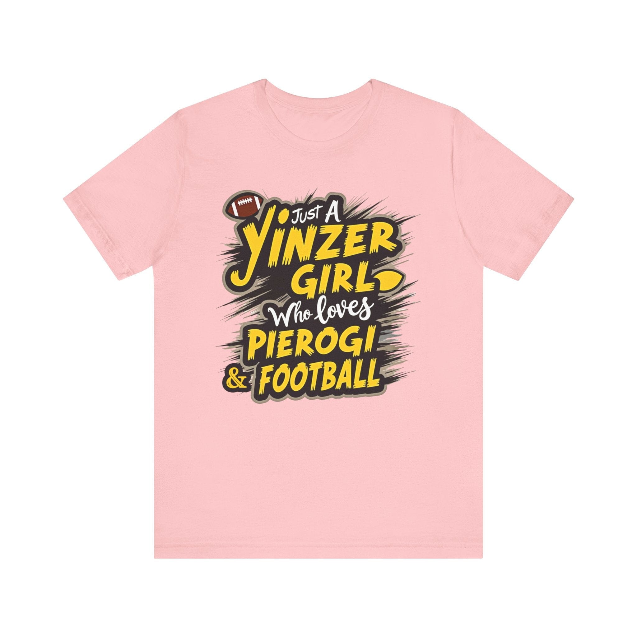 Yinzer Girl Pierogi Football T-Shirt Steelers football tee on pink tee | Yinzergear