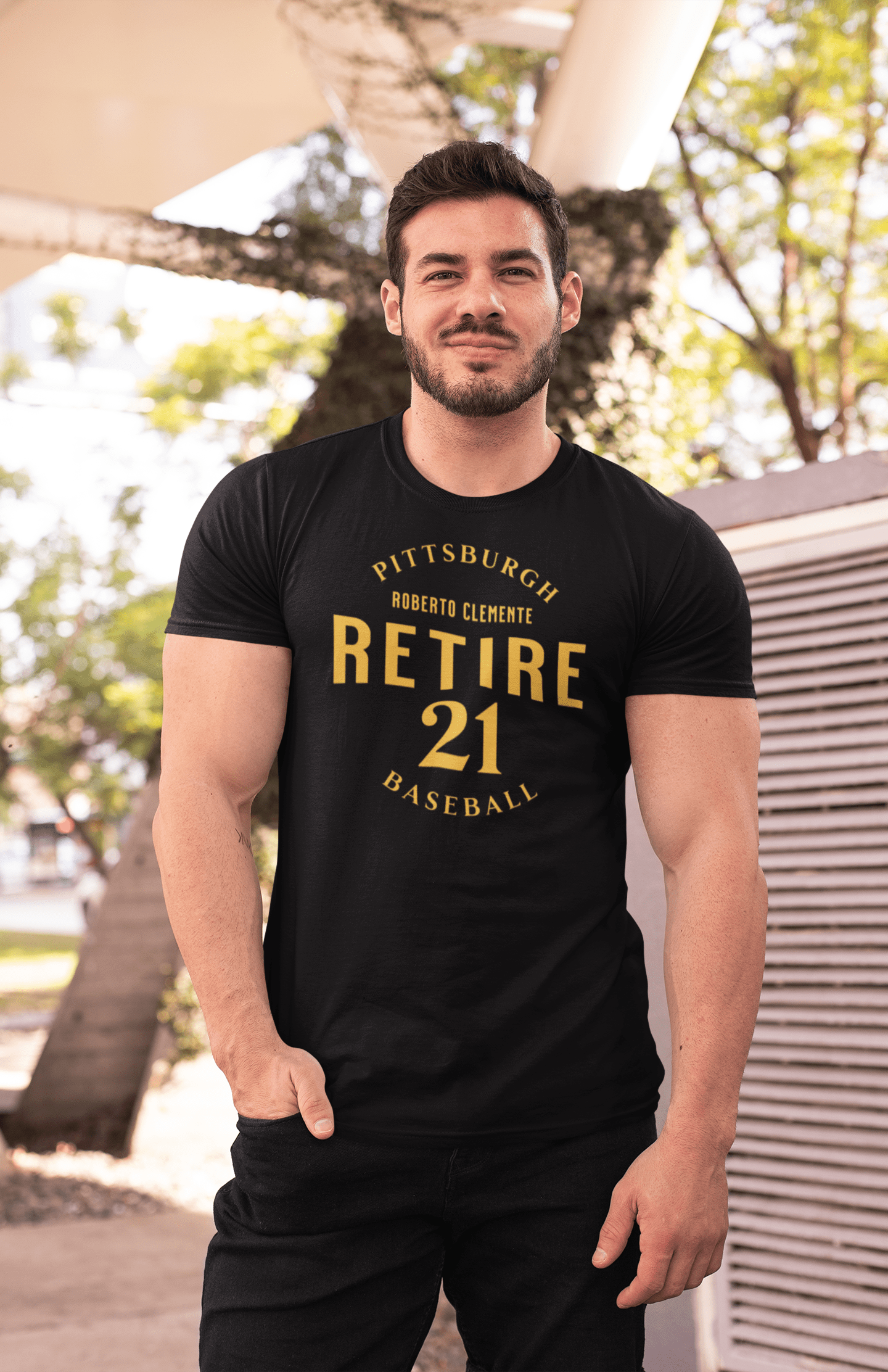 Retire 21 Pittsburgh Baseball T-shirt on black tee mockup view | Yinzergear