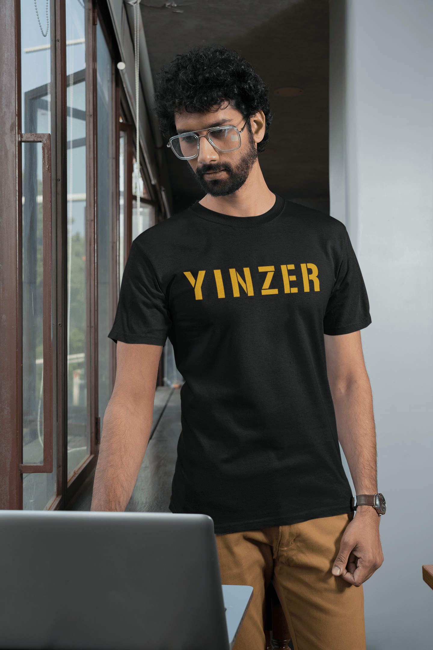 Yinzer T-Shirt Pittsburgh tee on black tee mockup view | Yinzergear