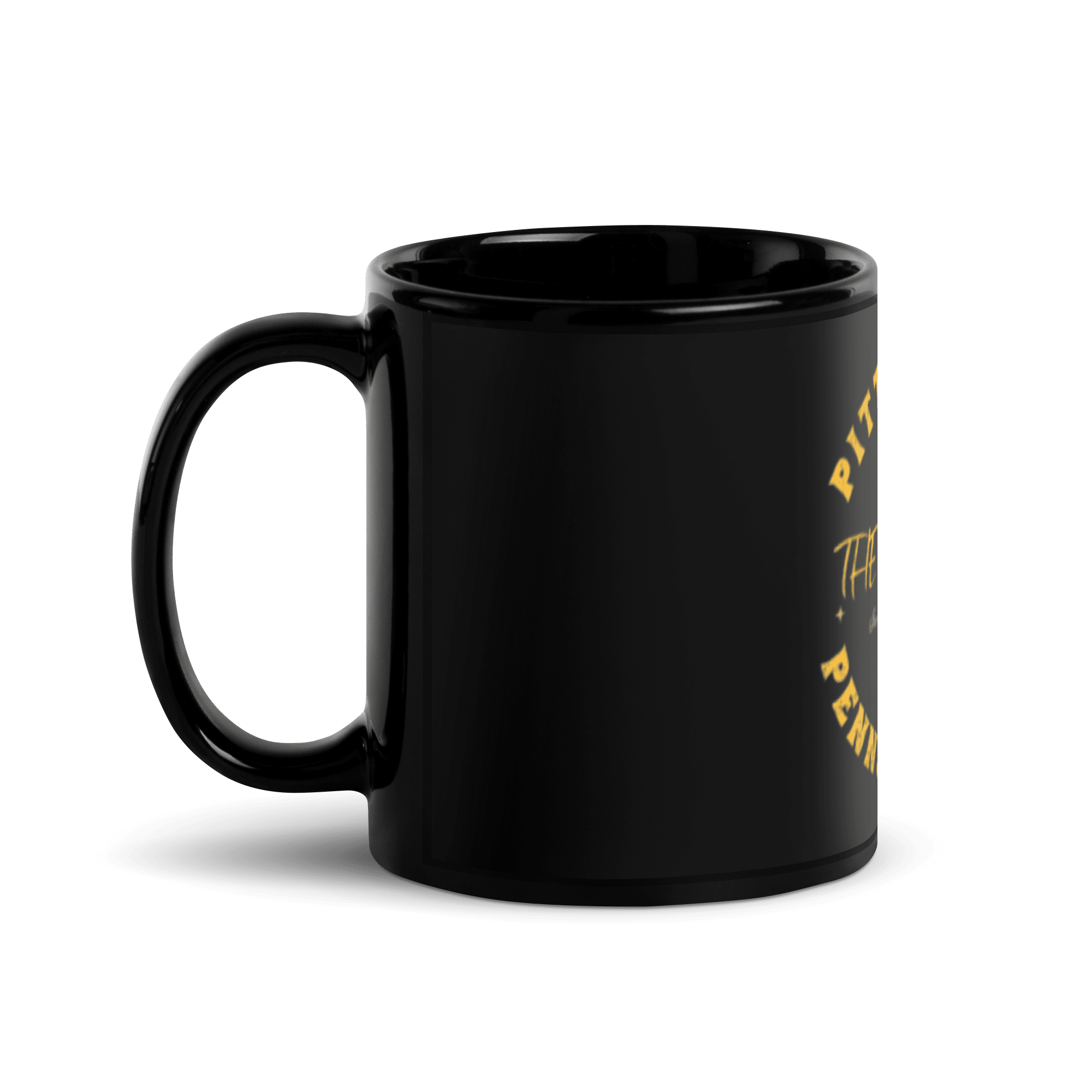 The Burgh Black Glossy Mug in black mockup view | Yinzergear
