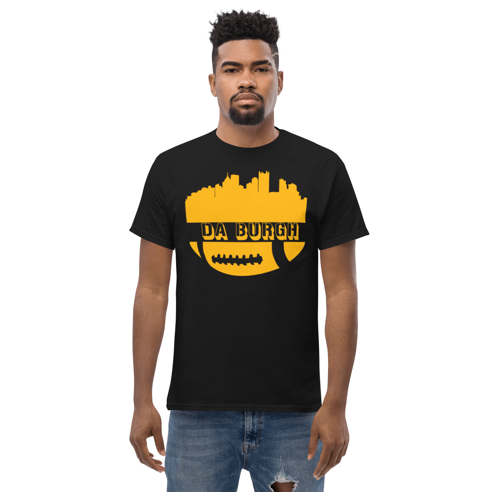 Da Burgh Pittsburgh shirt on black tee mockup view | Yinzergear
