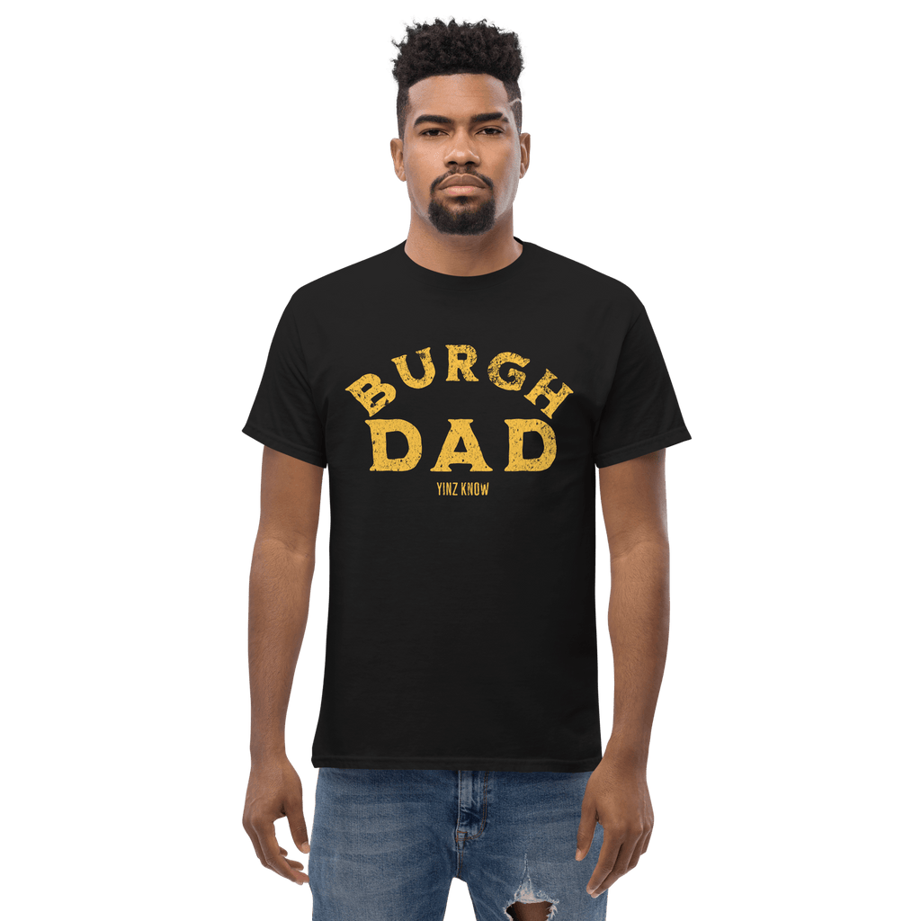 Burgh Dad Pittsburgh shirt on black tee mockup view | Yinzergear