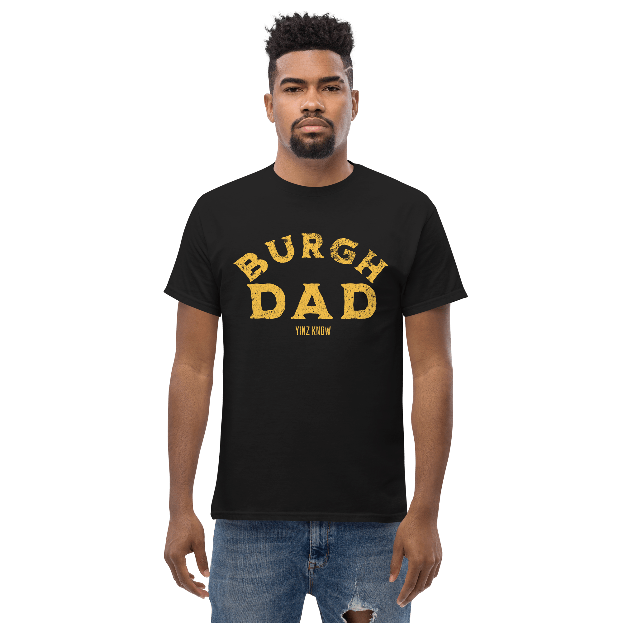 Burgh Dad Pittsburgh shirt on black tee mockup view | Yinzergear