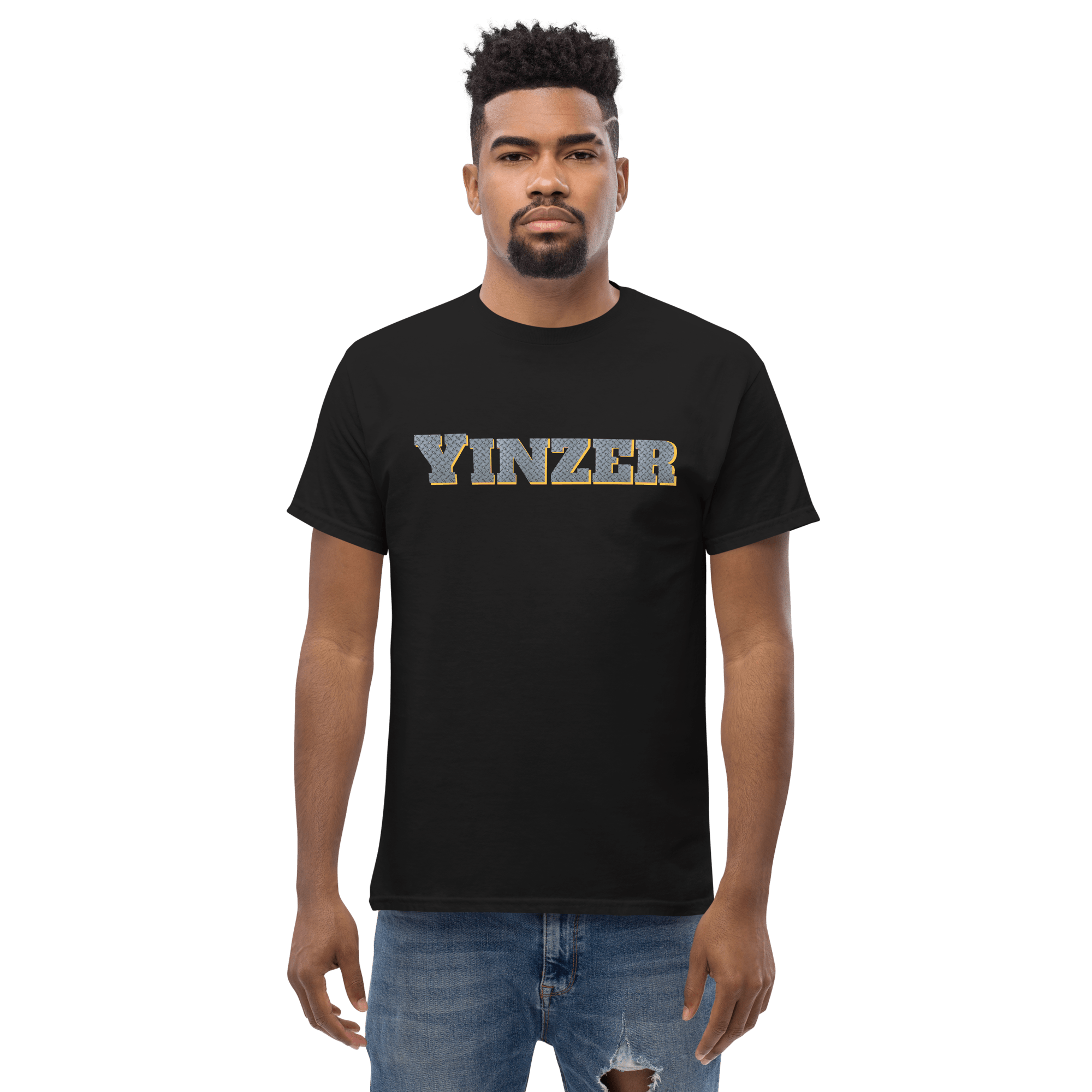Steel Yinzer T-Shirt Pittsburgh tee on black tee mockup view | Yinzergear