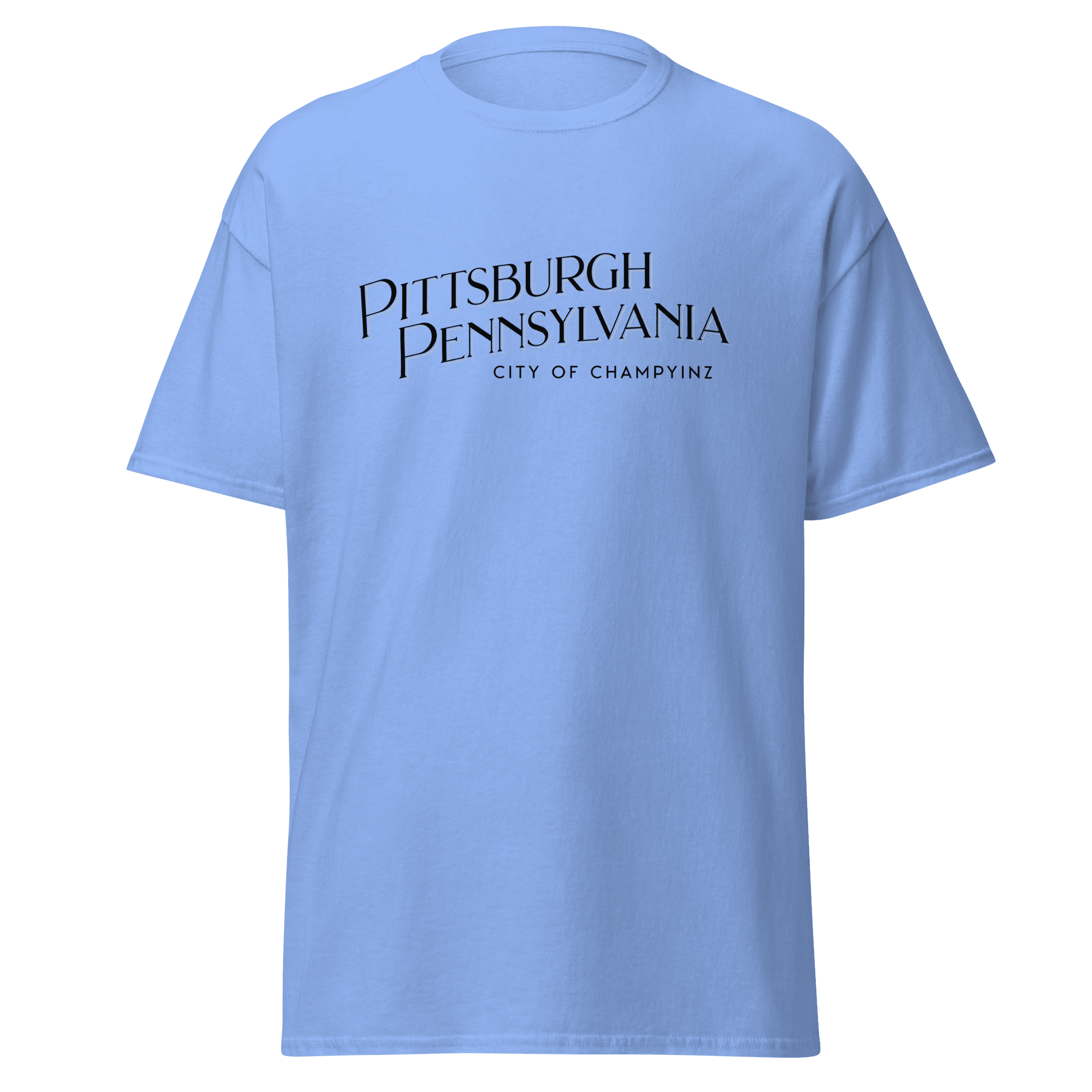 Pittsburgh City of ChampYINZ T-shirt on blue tee | Yinzergear