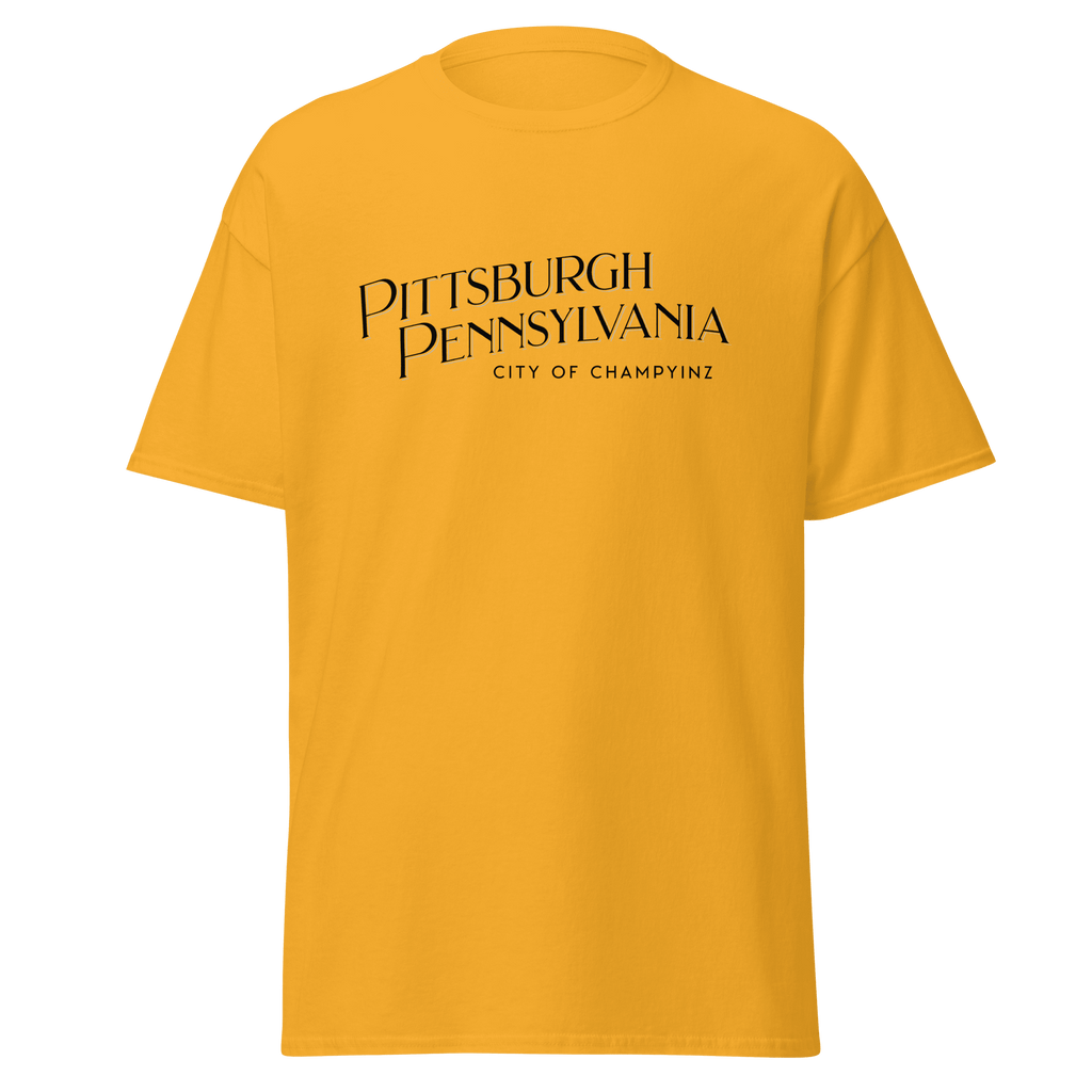 Pittsburgh City of ChampYINZ T-shirt on gold tee | Yinzergear