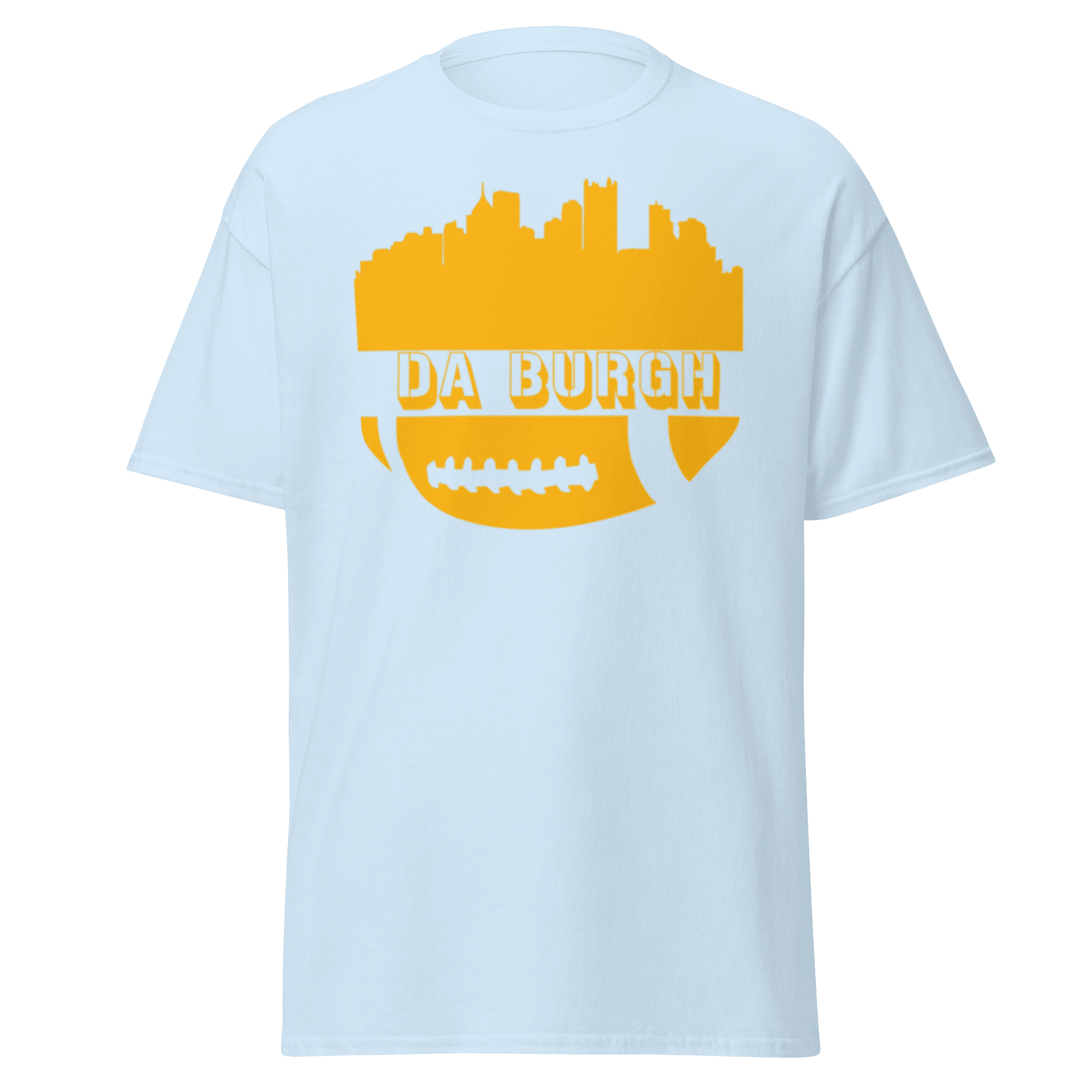 Da Burgh Pittsburgh shirt on blue tee mockup view | Yinzergear