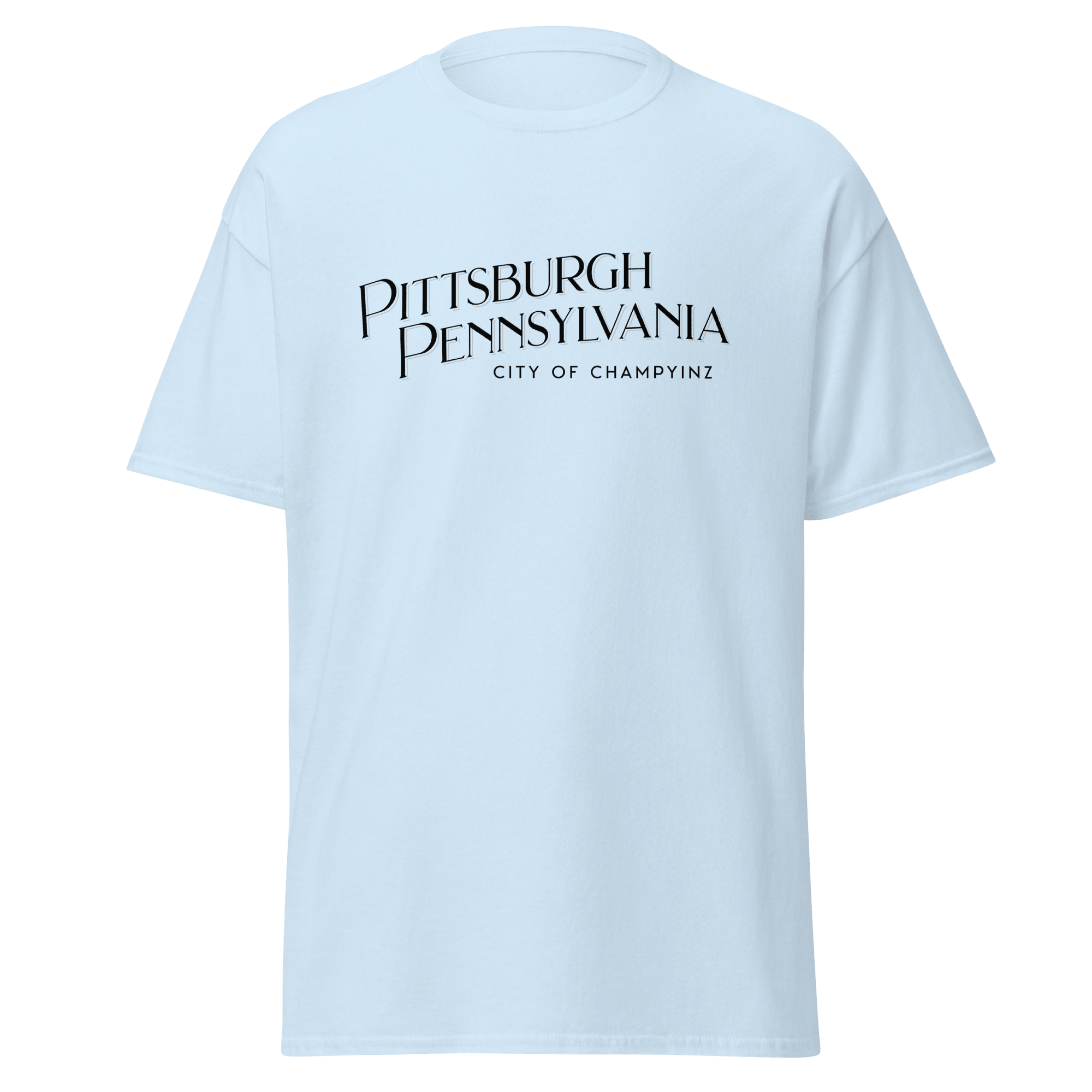 Pittsburgh City of ChampYINZ T-shirt on light blue tee | Yinzergear