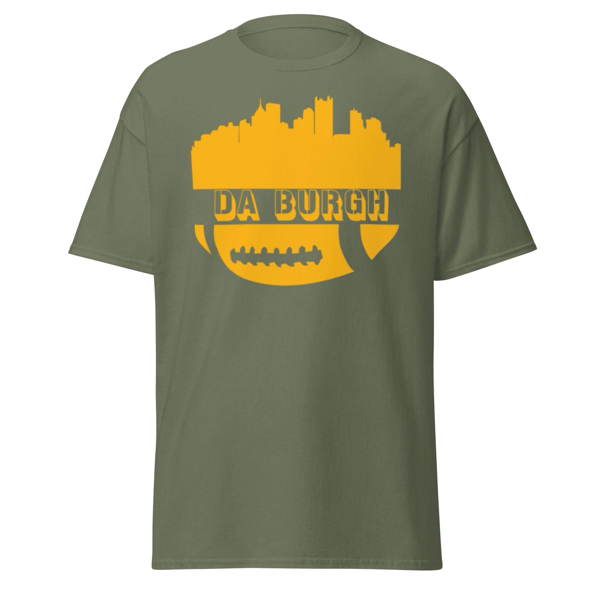 Da Burgh Pittsburgh shirt on military green tee | Yinzergear