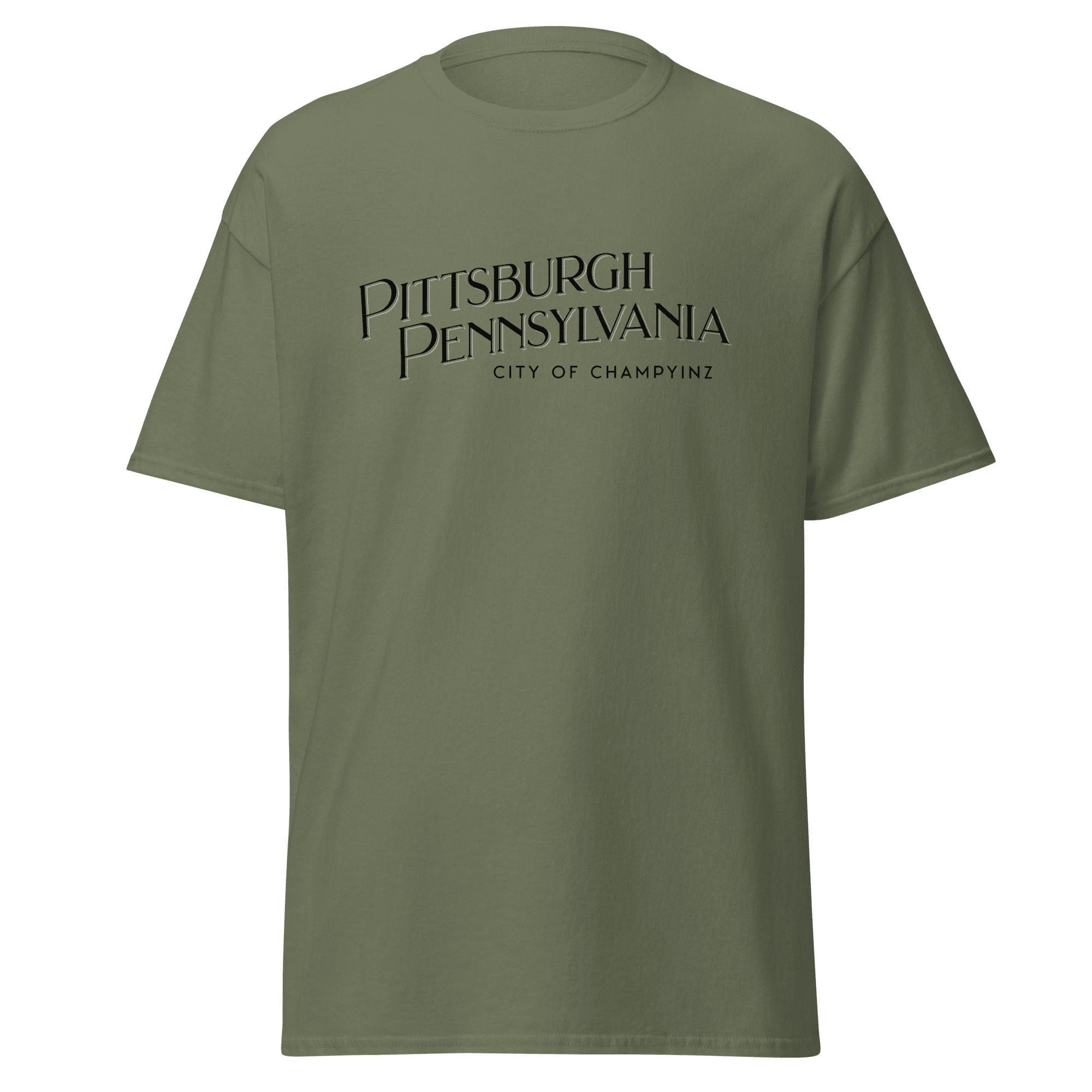 Pittsburgh City of ChampYINZ T-shirt on military green tee | Yinzergear