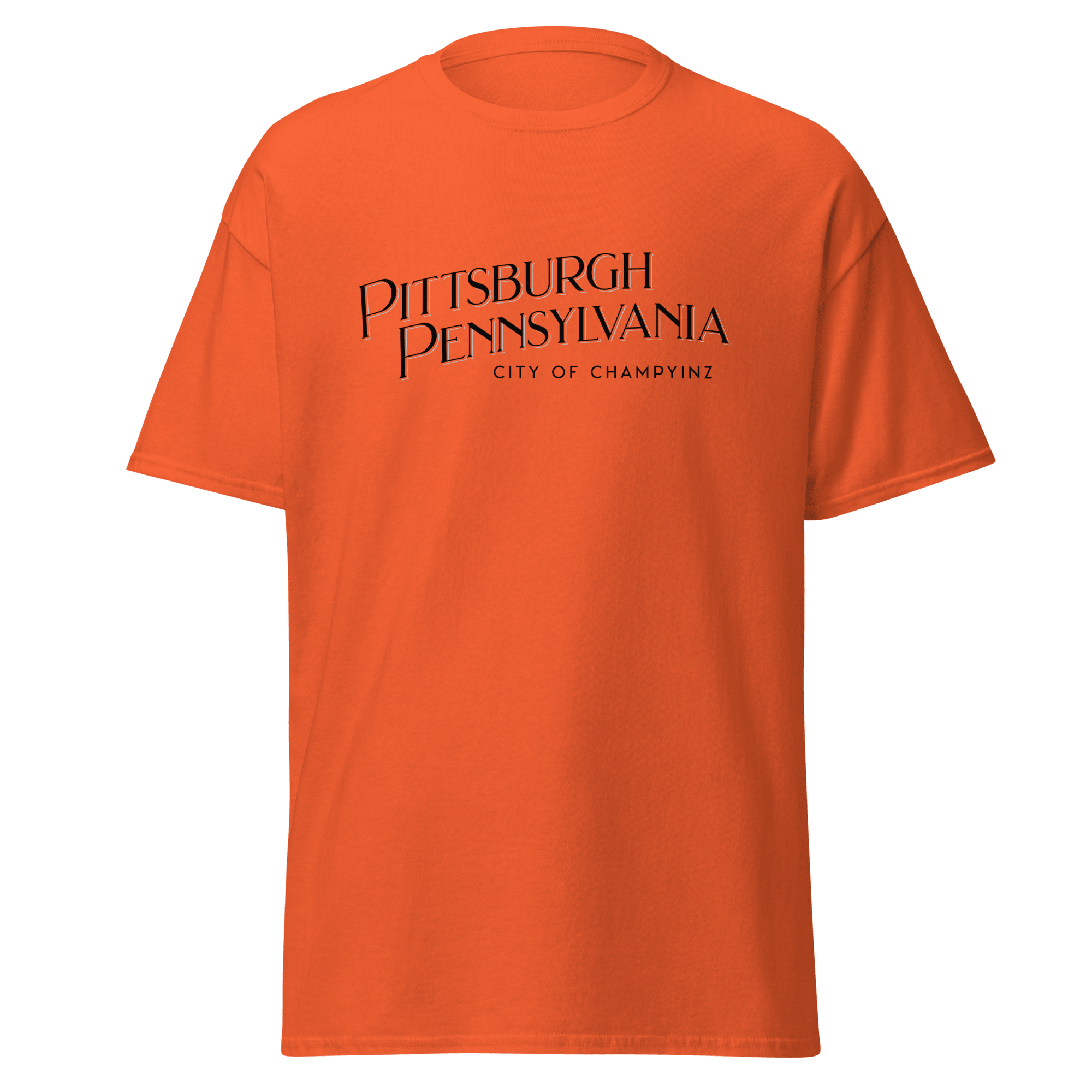Pittsburgh City of ChampYINZ T-shirt on orange tee | Yinzergear