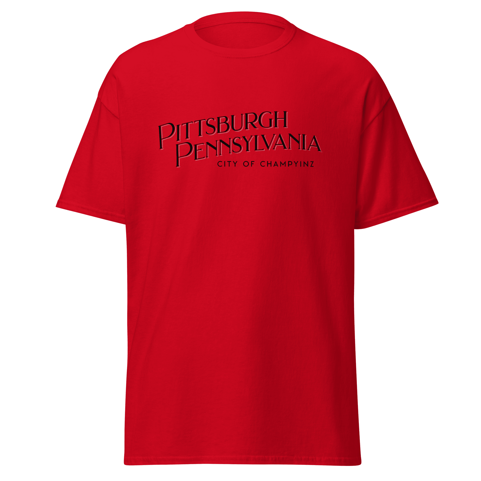 Pittsburgh City of ChampYINZ T-shirt on red tee | Yinzergear