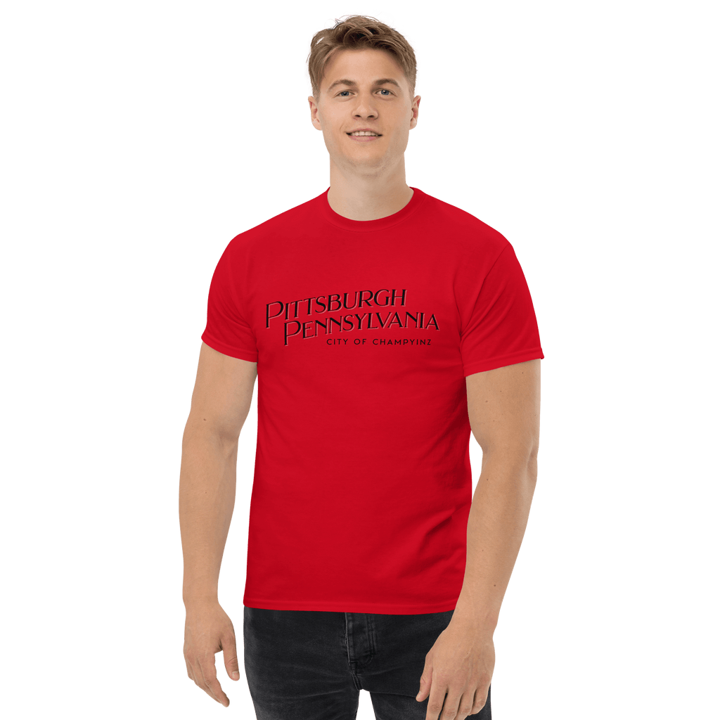 Pittsburgh City of ChampYINZ T-shirt on red tee mockup view | Yinzergear