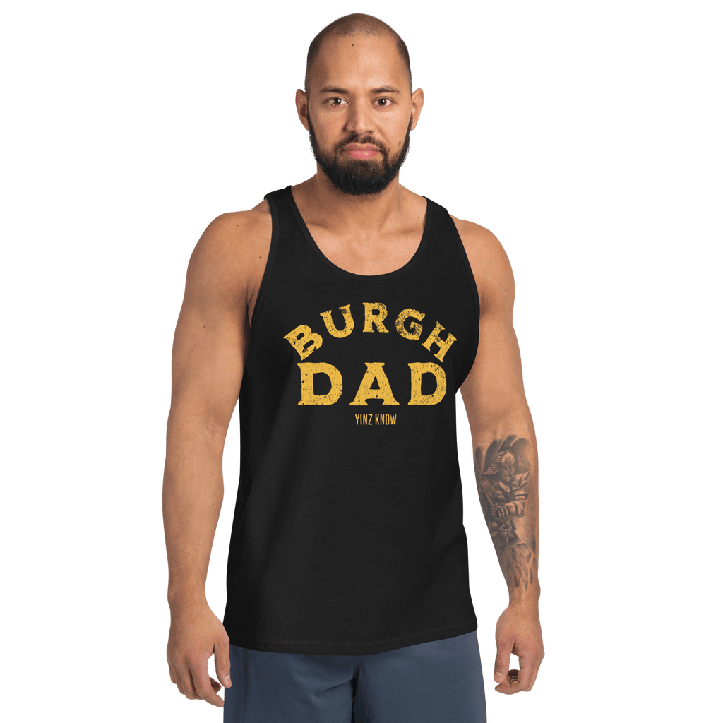 Burgh Dad tank top on black tank top mockup view | Yinzergear