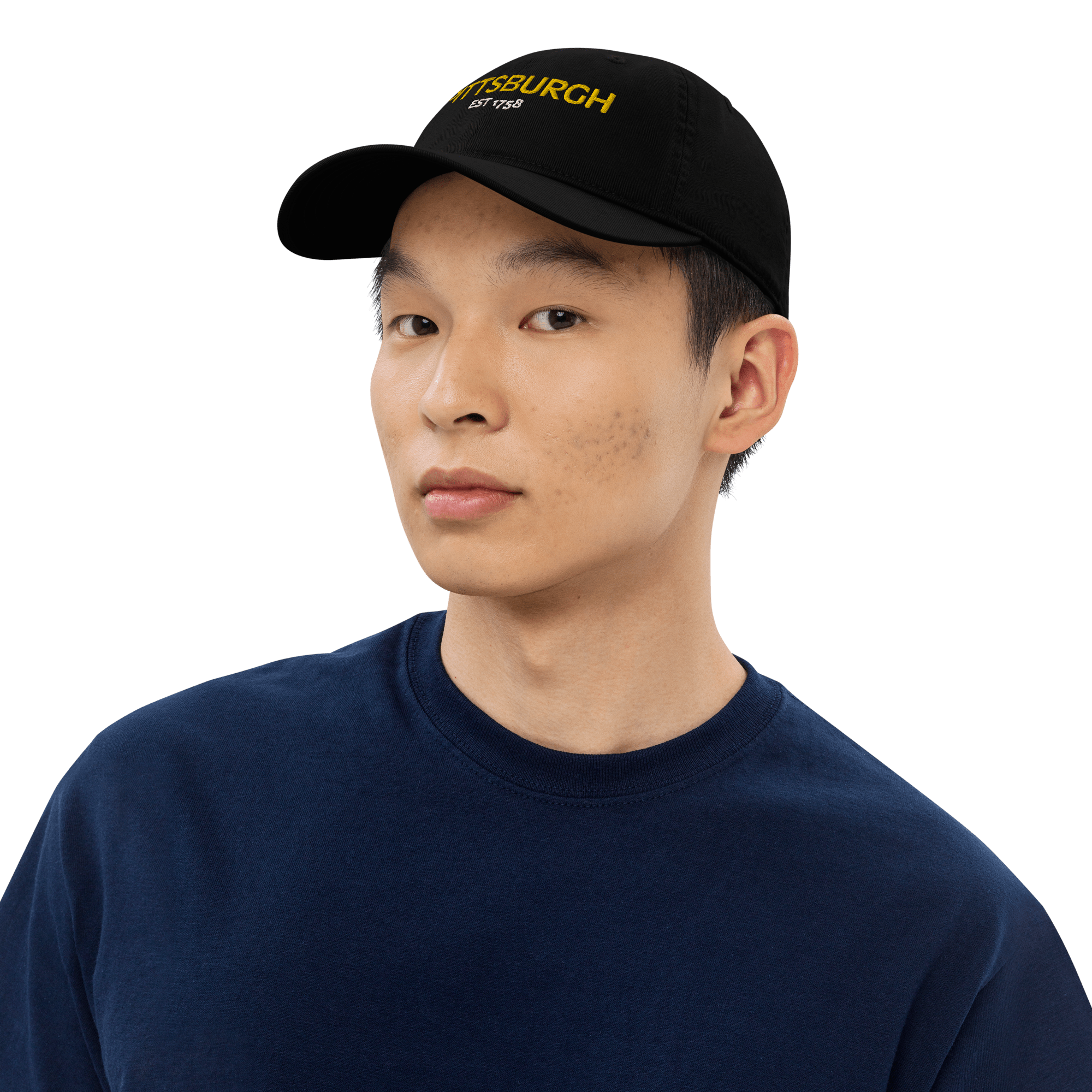 Pittsburgh Est. 1758 Embroidered Baseball Hat in black mockup view | Yinzergear