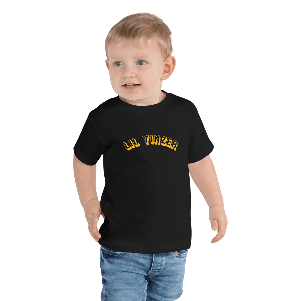 Lil Yinzer Kids T-Shirt Pittsburgh tee on black tee mockup view | Yinzergear