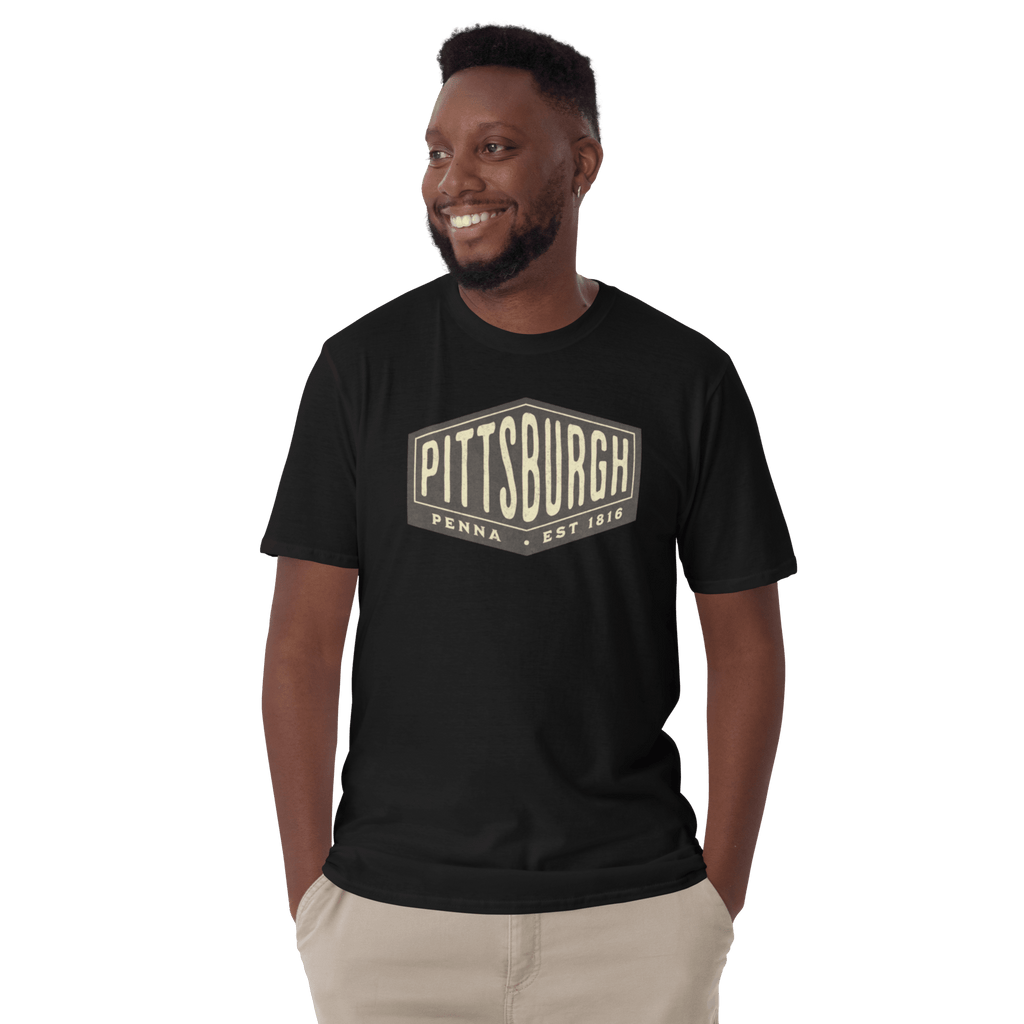 Pittsburgh Penna 1816 Vintage T-shirt on black tee mockup view | Yinzergear