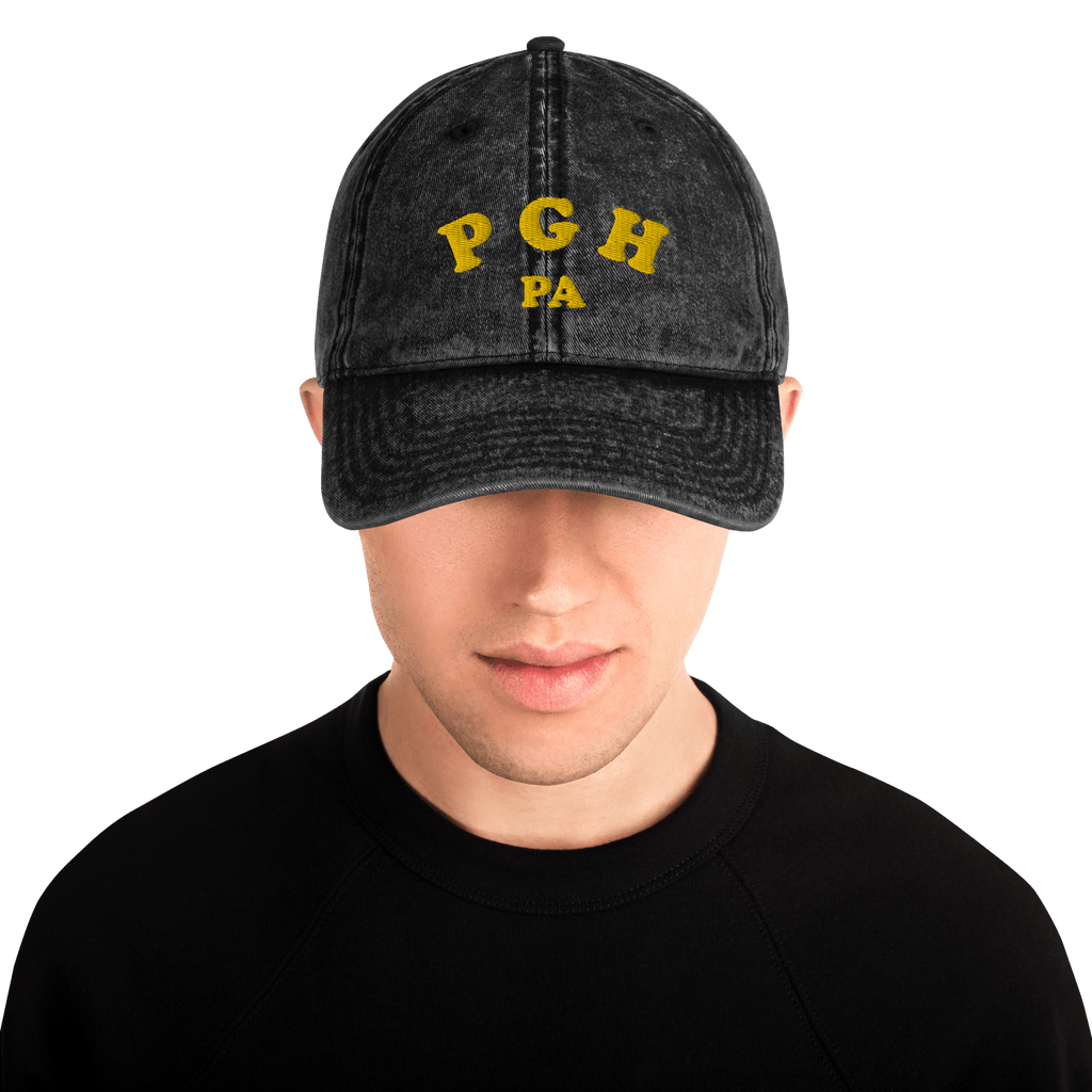 PGH PA Vintage Cap Pittsburgh hat in black mockup view | Yinzergear
