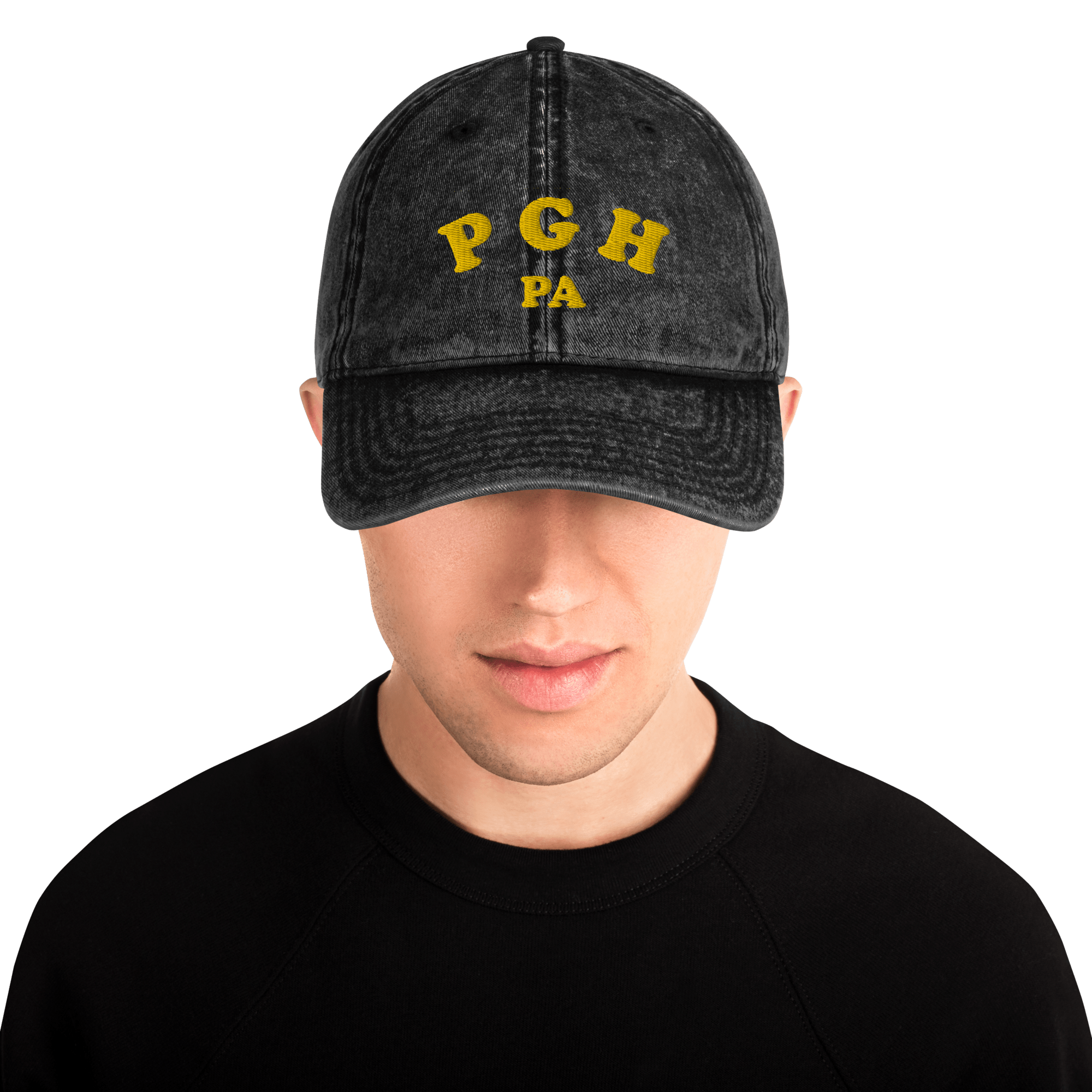 PGH PA Vintage Cap Pittsburgh hat in black mockup view | Yinzergear