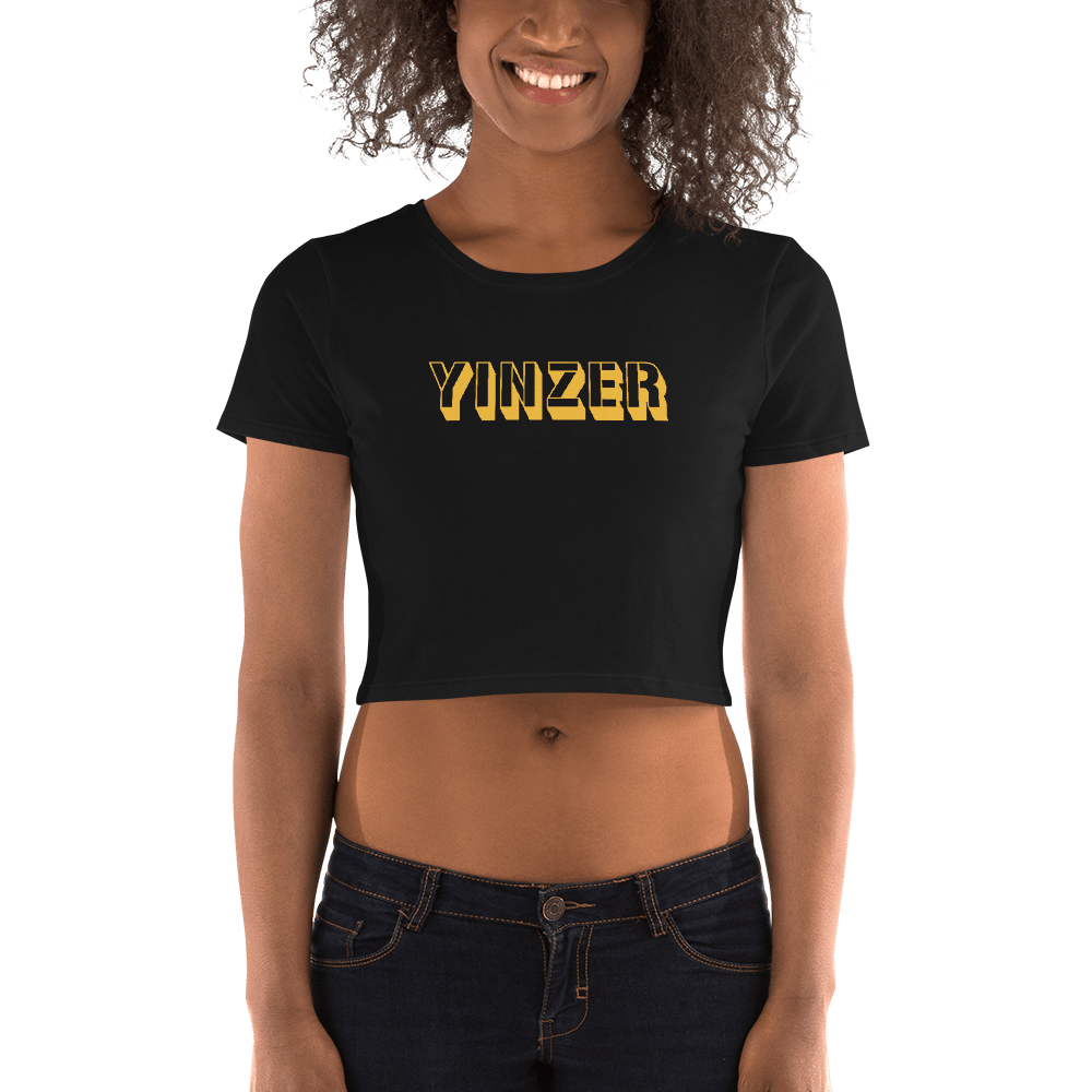 Yinzer Women’s Crop T-Shirt Pittsburgh tee on black tee mockup view | Yinzergear