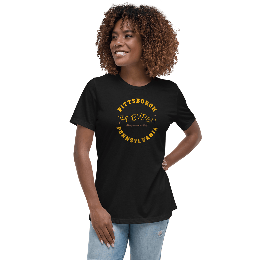 The Burgh Pittsburgh Ladies T-shirt on black tee mockup view | Yinzergear