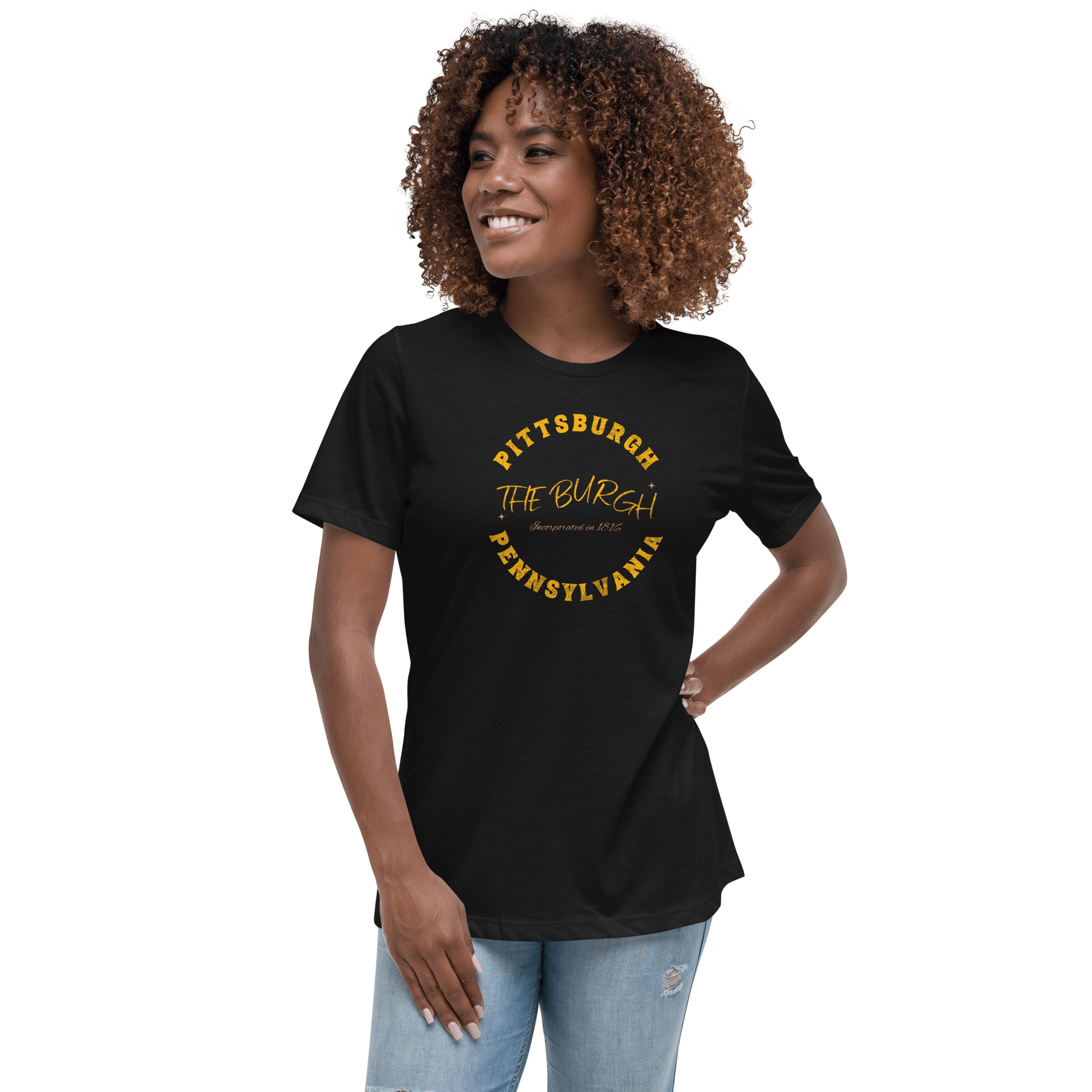 The Burgh Pittsburgh Ladies T-shirt on black tee mockup view | Yinzergear