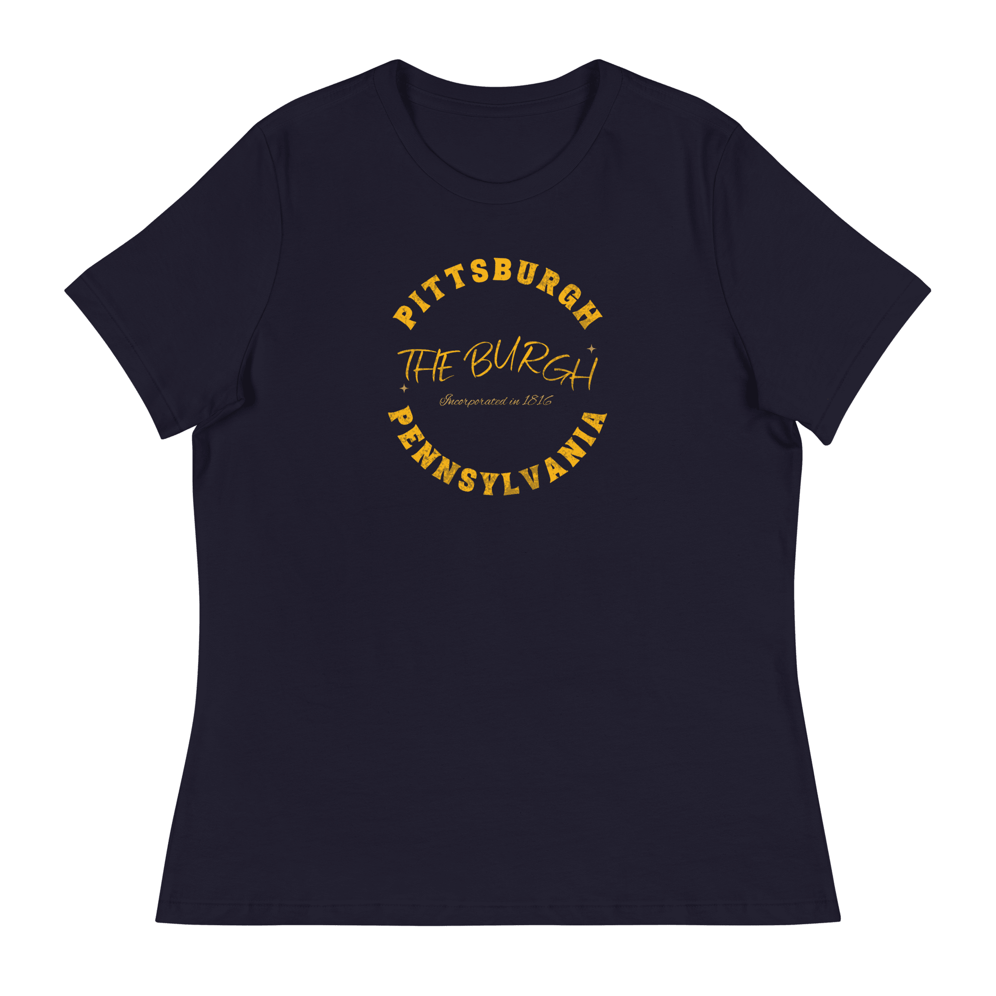The Burgh Pittsburgh Ladies T-shirt on navy tee | Yinzergear